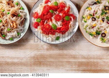 Konjac Pasta With Various Toppings, Overhead Flat Lay Shot