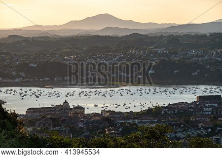 Panoramic View Of Town And Bay In Irun, Basque Country On The Early Morning. Summer Landscape. Famou
