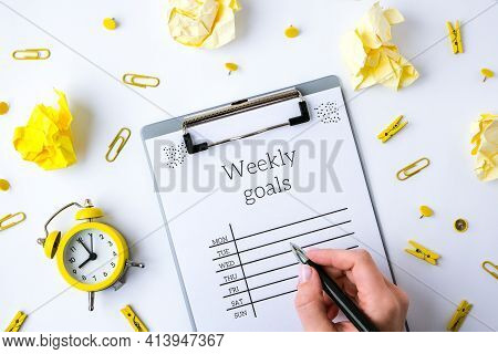 Weekly Goals Planner On White Background. Planning Week To Stay Productive When Working From Home Du