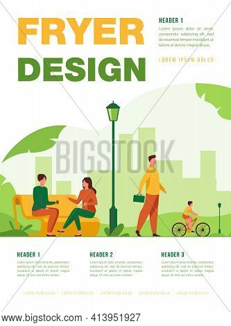 People Relaxing At Park In Summer Flat Vector Illustration. Woman Jogging And Doing Exercise. Couple