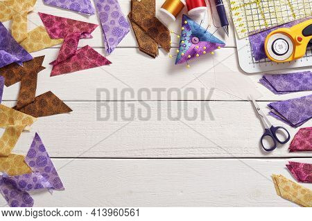 Pieces Of Fabric Sewn In The Shape Of The Letter Z, Stacks Of Multi-colored Pieces Of Fabric, Pincus
