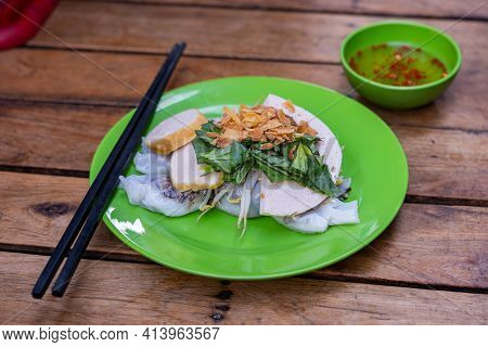 Plate Of Delicious Vietnam Steamed Rice Rolls- Banh Cuon