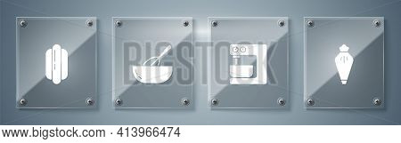 Set Pastry Bag, Electric Mixer, Kitchen Whisk And Bowl And Hotdog Sandwich. Square Glass Panels. Vec
