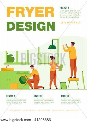 Handyman Working At Customer Home. Repair Man Fixing Washing Machine, Hammering Nails. Vector Illust