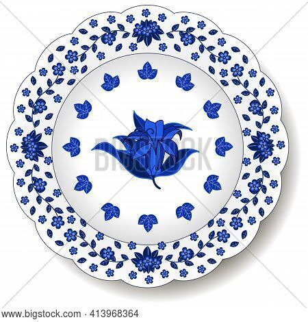 Porcelain Plate With Blue On White Abstract Floral Ornament In Oriental Chinese Design Style. Tradit