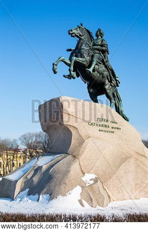 March 2021, Russia, St. Petersburg. Monument To Peter 1 Against The Blue Sky In St. Petersburg. Wint