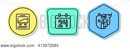 Set Line Website With Growth Graph, Calendar And Bull And Bear Of Stock Market. Colored Shapes. Vect