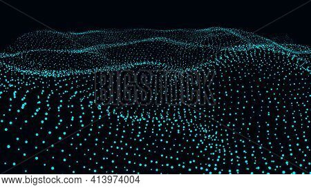 Big Data Visualization.dynamic Wave.virtual Waveform Of Particles In Blue Space. Abstract Background