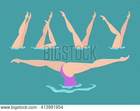 Synchronized Swimming Flat Vector Illustration. Woman Athlete On The Performance Of Synchronized Swi