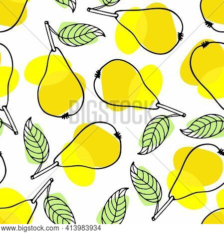 Seamless Pattern Of Pear Fruit With Leaf. Hand Drawn Sketch Isolated On Bright Yellow And Green Spot