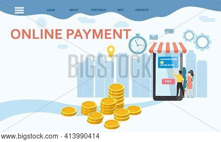Online Payment, Internet Money Tansfer. Man And Woman Buyers, Smartphone, Stacks Coins. Concept Mobi