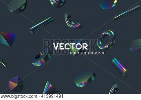 3d Render Primitives Abstract Background. Realistic 3d Sphere, Torus, Cone, Cube, Tube. Glossy Holog