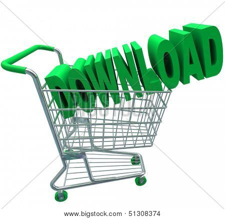 A shopping cart with the word Download in it to illustrate purchasing online files or documents and downloading them to your computer over the Internet