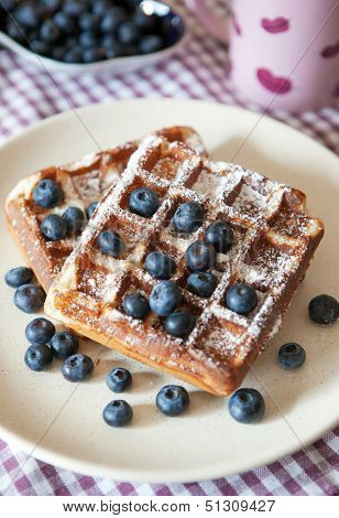 Breakfast With Belgian Waffles And Fresh Blueberry