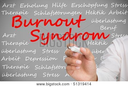 Hand writing german words about burnout syndrome on grey background