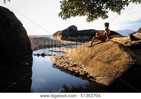 Model Enjoying The Sunset Of The Tropical Island At Ilha Grande, Rio Do Janeiro, Brazil. South Ameri