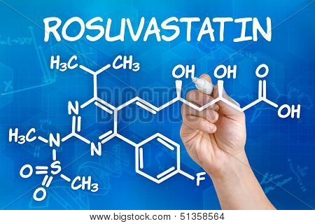 Hand with pen drawing the chemical formula of rosuvastatin