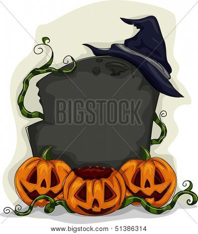 Halloween Illustration of a Blank Tombstone Surrounded by Jack-o'-Lanterns and Vines