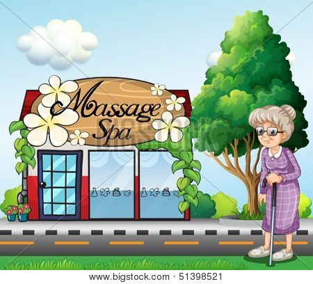 Illustration of an old woman outside the massage spa parlor
