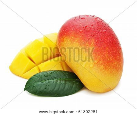 Fresh Mango Fruit With Green Leaves Isolated On White Background.