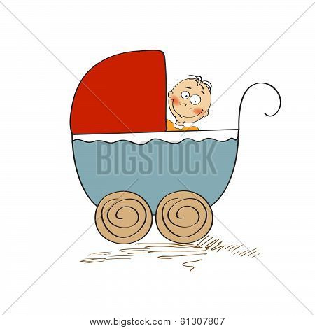 Baby Boy In Stroller Isolated On White Background