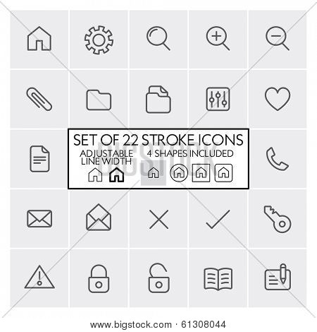 Stroke design icons set 1 / General + files + mail + etc. / Adjustable line width + 4 button shapes included / Check out the other parts of set