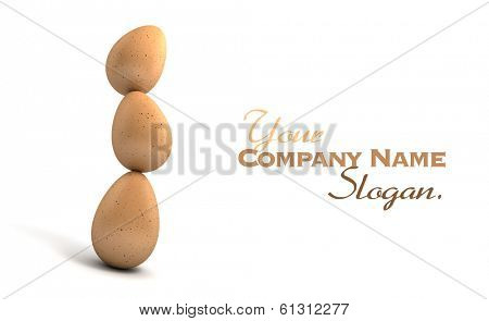 Three piled up brown eggs in an impossible position