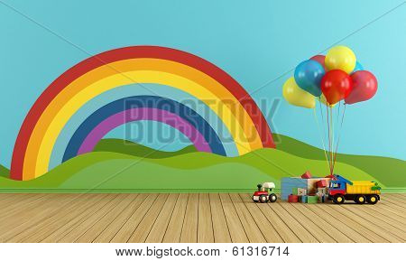 Empty Playroom With Rainbow And Toys