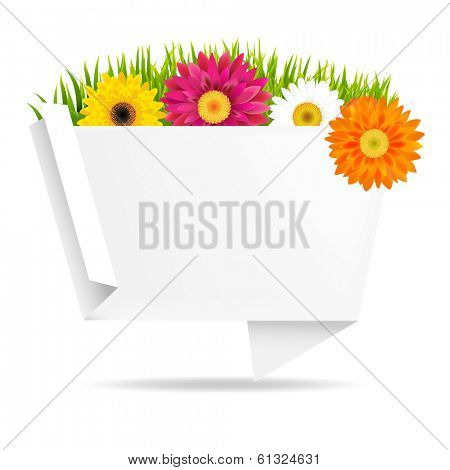 Grass Border With Frower And Origami Banner, With Gradient Mesh, Vector 