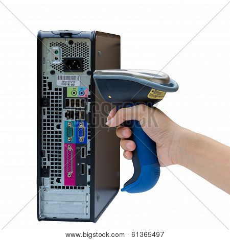 Holding And Scanning Label On The Computer With Wireless Barcode Scanner