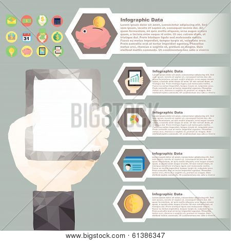 Vector Hand Hold Tablet Polygon Infographic For Financial Element With Flat Color