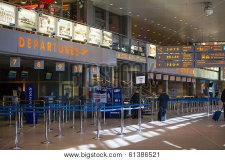 KRAKOW, POLAND - MAR 11, 2014: Terminal hall of John Paul II International Airport Krakow-Balice - celebrated its 50th anniversary. This is second airport in Poland after Warsaw airport.