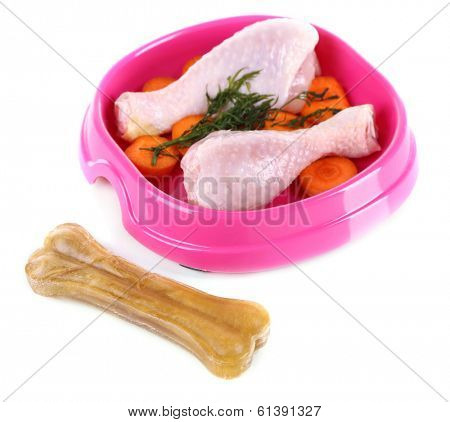 Natural food for pets in plastic bowl isolated on white