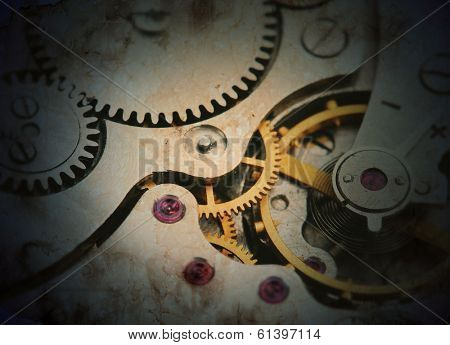 Clockwork details, pinions and wheels closeup