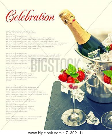 Bottle Of Champagne, Two Glasses And Fresh Strawberries