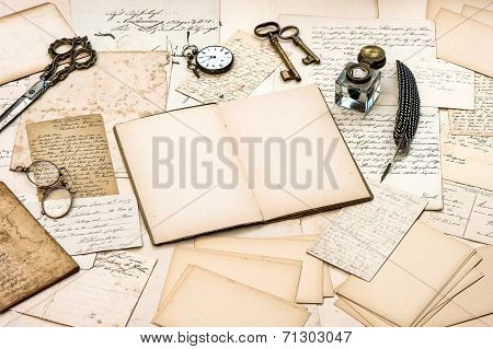 Antique Accessories, Old Letters, Diary Book And Vintage Ink Pen