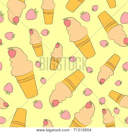 Vector Colorful Cartoon Waffle Ice Cream With Strawberry Seamless Pattern