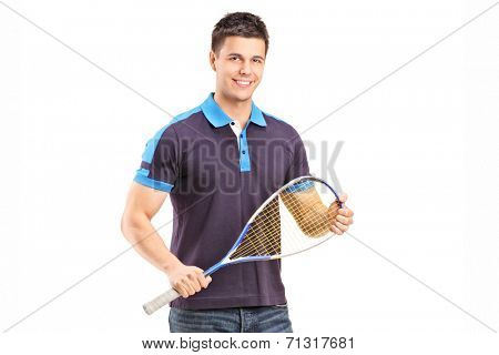 Young male racquetball player isolated on white background