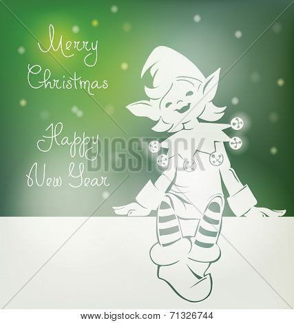 Santa elf on Christmas card, bunner, lettering