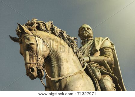Equestrian statue of Cosimo I de' Medici on the Piazza della Signoria, by Giambologna. Florence, Italy. The look and texture of an old vintage postcard.