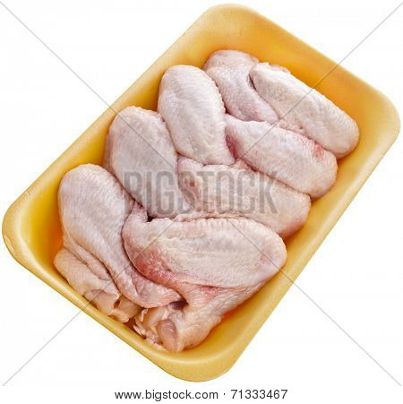 Raw Chicken Wings in a Package Close up Top View Surface Isolated On White Background