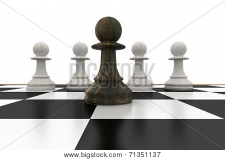 Black pawn in front of white pawns on white background