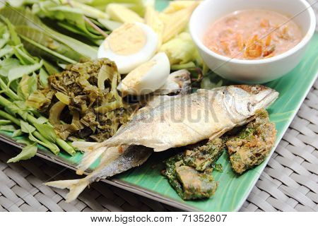 Fried Mackerel Fish,chili Sauce And Fried Vegetable