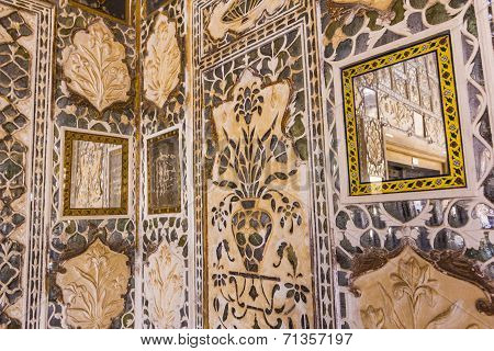 Details Of Walls In Rich Decorated Amber Fort In Jaipur, India