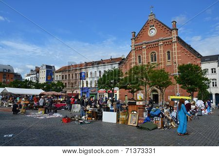 Flea Market On Place Du Jeu De Balle In Brussels, Belgium