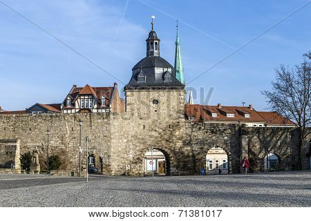 Muehlhausen, Inner Woman Gate At Historic Town Wall With Raven Tower