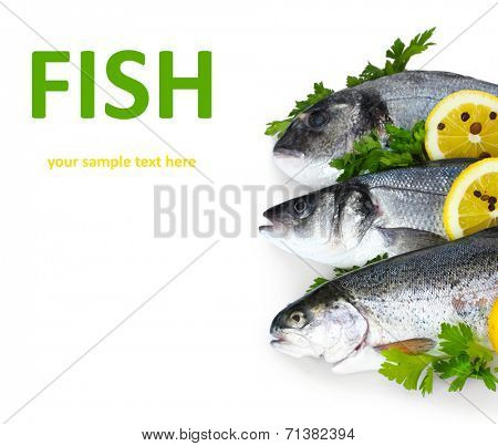 Fresh fishes with lemon, parsley and spice isolated on white