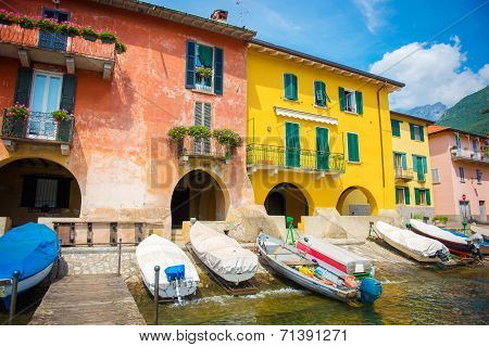 View To The Dock And Colorful Buildings. Mandello Del Lario,lake Como, Italy