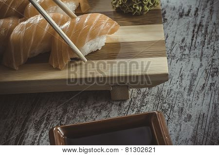 Maki Sushi Set On Wooden Background