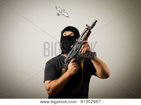 Man With Gun And Peace Dove Of Ukraine.